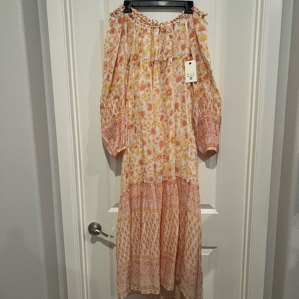 New Billabong Boho Yellow and Orange Floral Cream Bow Maxi Dress - Picture 3 of 12